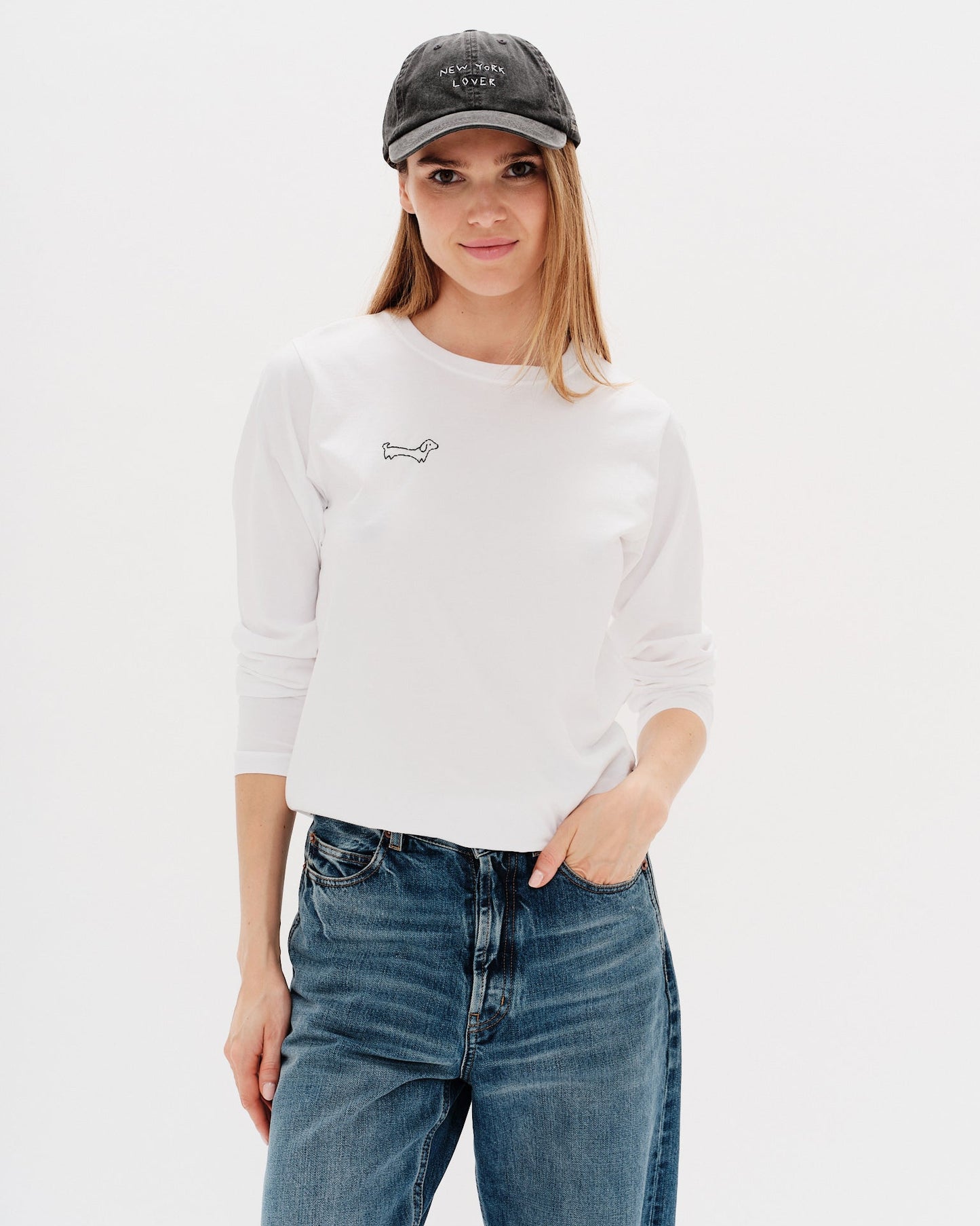 White long sleeve t-shirt with weiner dog embroidery